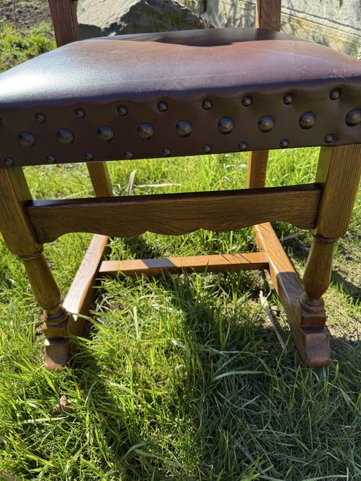 Scaun vintage birou din lemn masiv si piele naturala