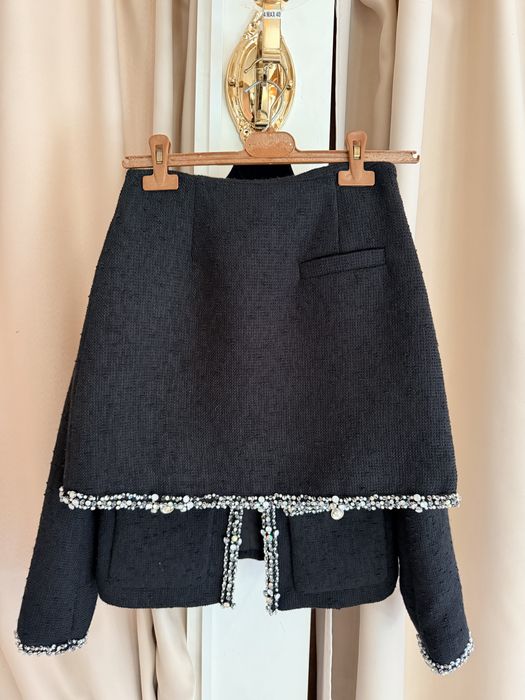 Costum dama Chanel tweed ivory cu cristale – sacou + fustă – mărimea S