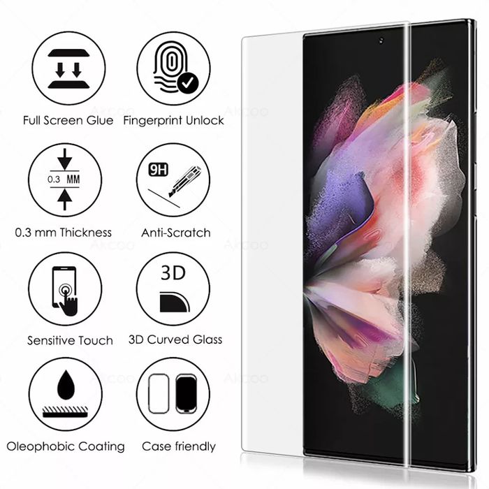 Samsung Galaxy S22 S21 S20 Ultra /3D UV ТЕЧНО ЛЕПИЛО Стъклен протектор