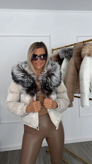 Geaca dama fâș guler din blana naturala vulpe captuseala puf gasca