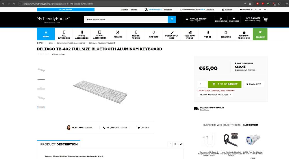 DELTACO TB-402 Bluetooth алуминиева клавиатура Mac iOS Nordic layout