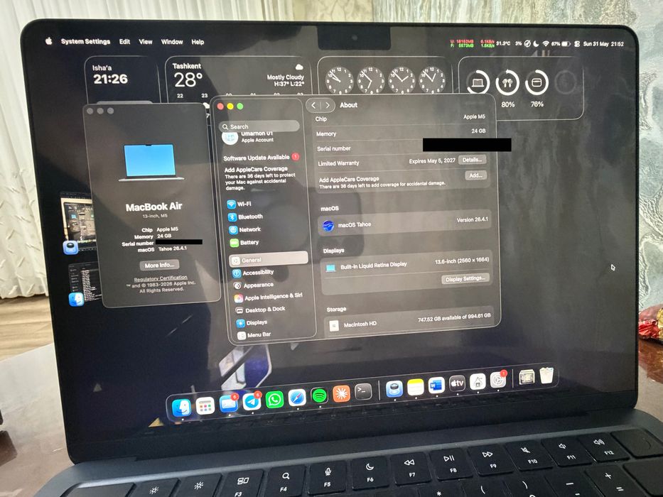 Macbook Air M5 13 24gb/1tb Midnight (1 oy ishlatilgan)