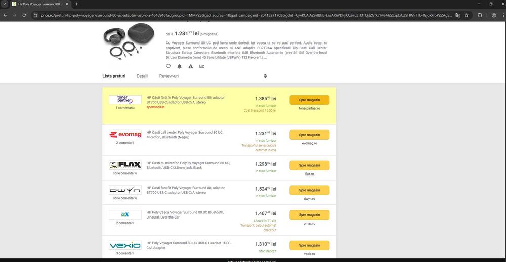 Casti wireless Poly Voyager Surround 80 UC,  USB-C  PC,  MAC, Android