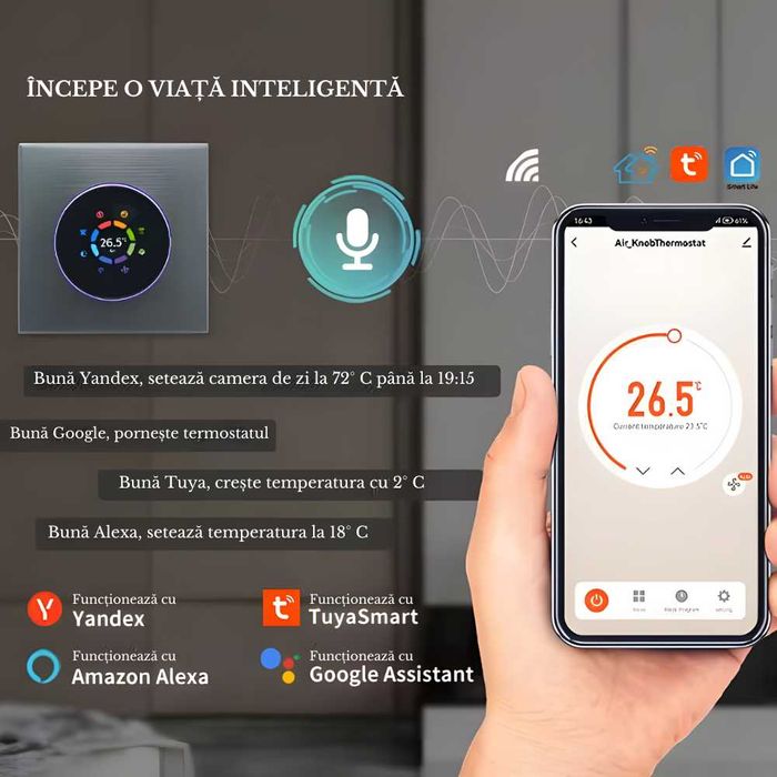 Termostat Inteligent cu Wi-Fi, Control de la Distanta, Ecran Tactil