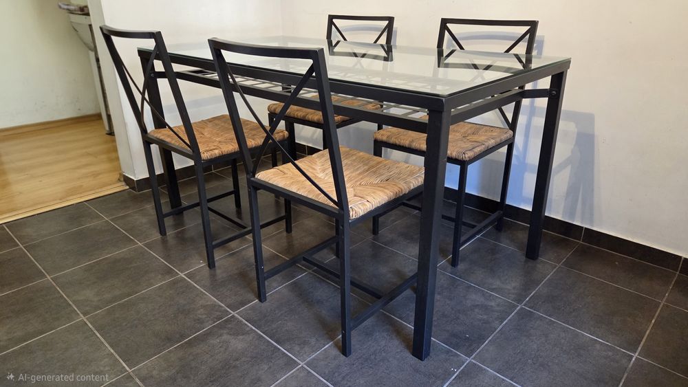 Masa + scaune. Sticla, metal,  impletitura fibre naturale