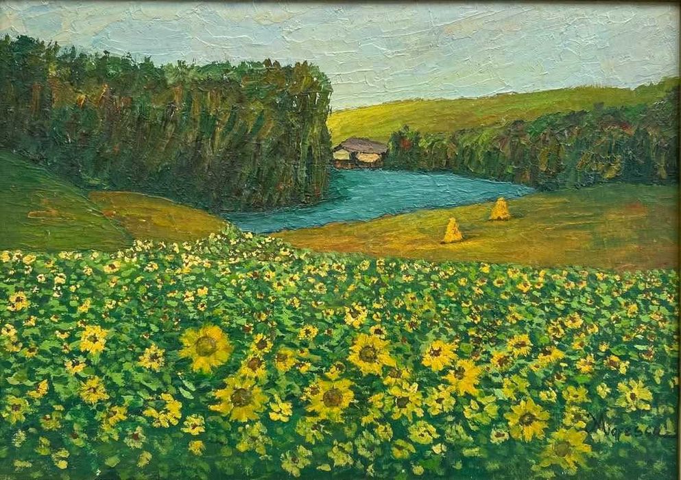 M Popescu Tablou Peisaj Floarea-soarelui pictura ulei inramata 42x56cm