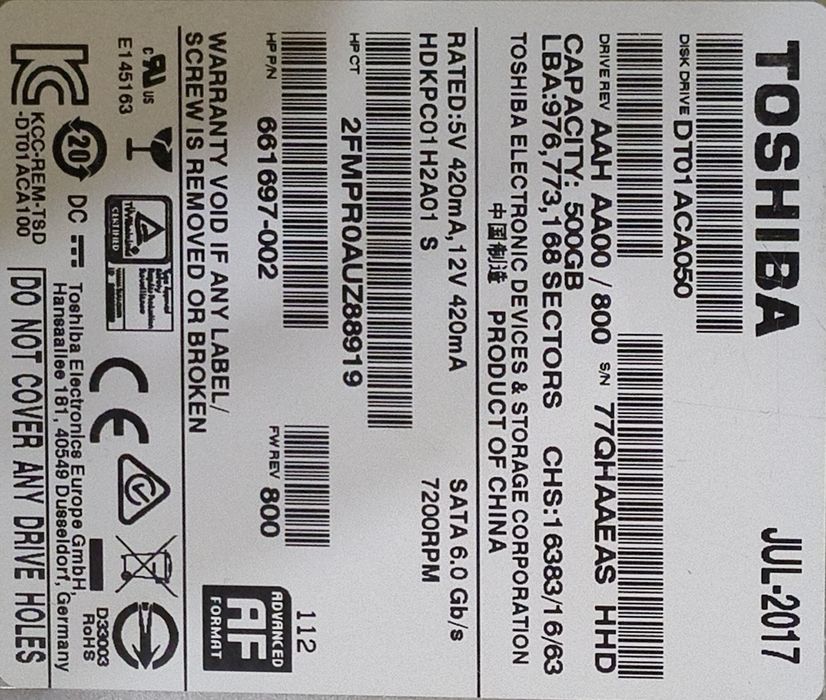 Жёсткий диск TOSHIBA 500gb