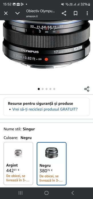 Obiectiv Olympus M.Zuiko Digital 17mm 1:1.8, Micro Four Thirds, pentru