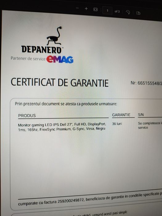 Monitor Gaming Dell 27 165Hz folosit in garantie