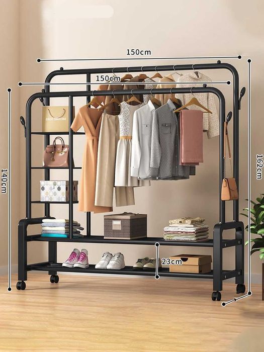 Вешалка напольная для одежды, с обувницей, на колесиках, металлическая