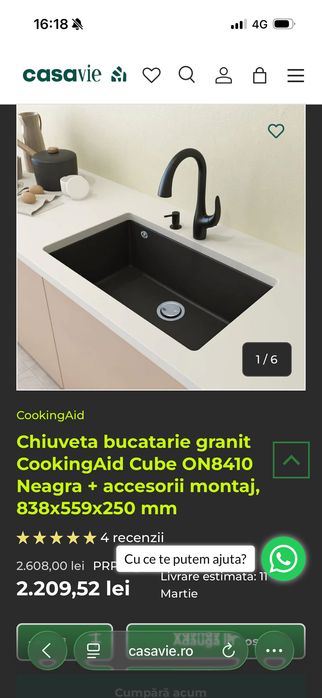 Chiuveta bucatarie granit Neagra + accesorii montaj, 838x559x250 mm