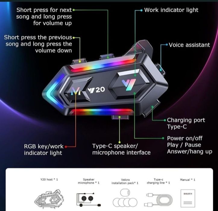 Intercom moto  Y 20.Pachet complet. Nou! Sigilat!