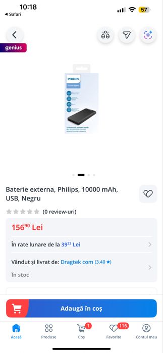 Baterie externa Philips, 10000 mAh, USB, Negru