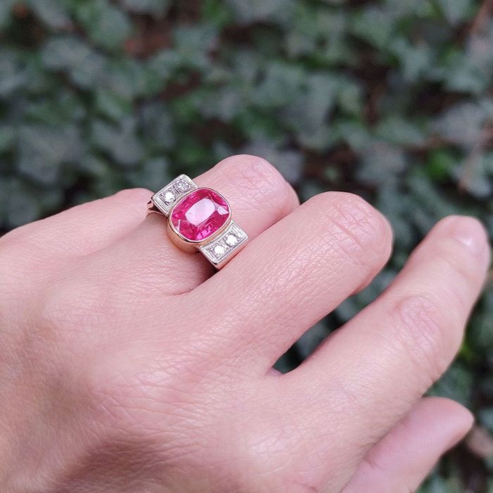 inel autentic anii '50, aur, rubin labgrown, diamante, certif.