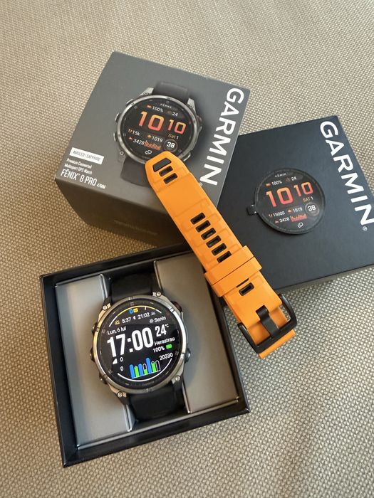 Garmin Fenix 8 Pro 47mm, ca NOU cu factură Altex și curea NOUĂ portocalie