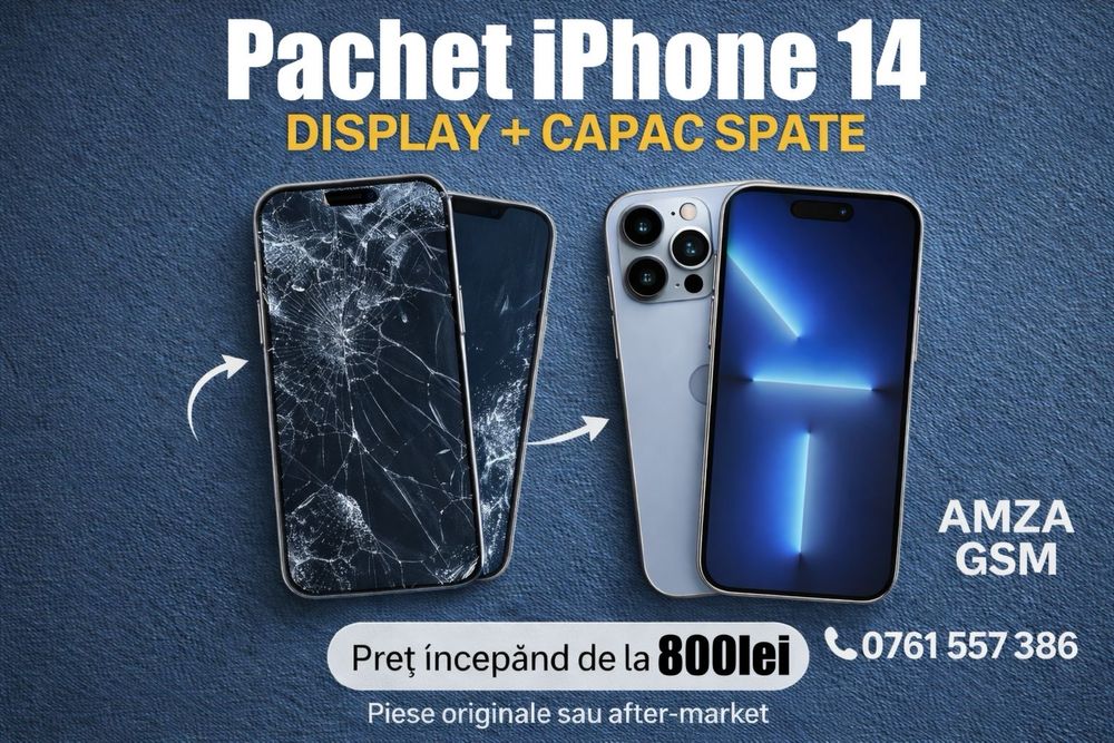 Pachet Display + Sticla Spate iPhone 14 16 15 13 12 Pro Max Plus Ecran