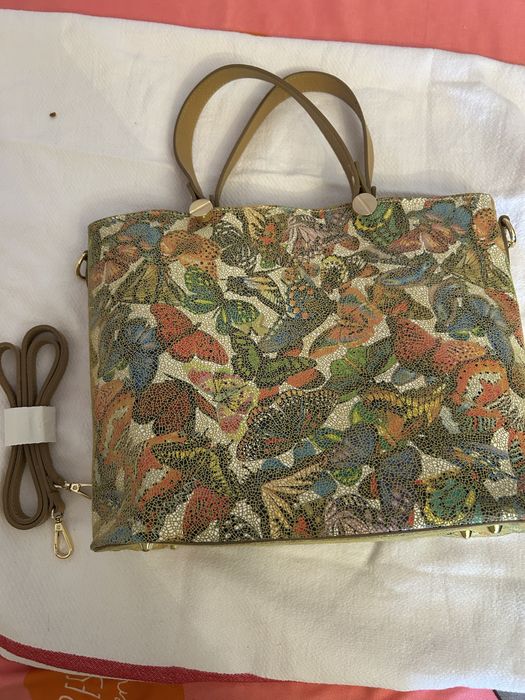 Rucsac alb piele si geanta miulticolora