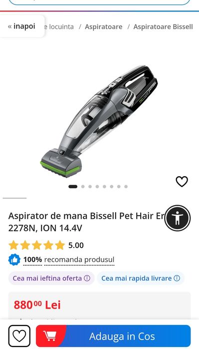 Aspirator de mana Bissell Pet Hair Eraser 2278N, ION 14.4V, SIGILAT