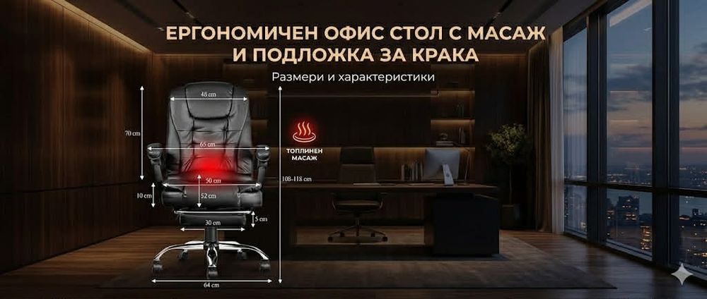 Ергономичен въртящ се офис стол с масаж и поставка за крака
