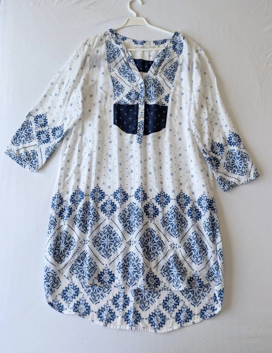 Rochie tunică / cămașă lungă boho H&M, alb-albastru, mărimea 40/42