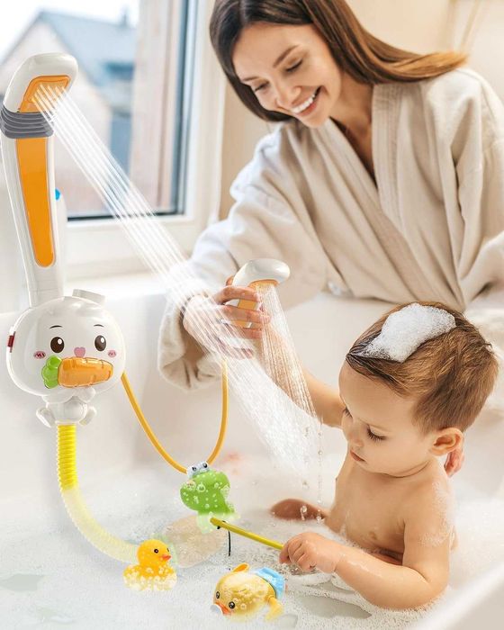 Електрически душ-играчка за баня с помпа, заек с вендузи и 2 душ глави