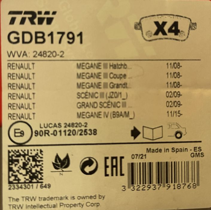 Vand set placute FATA-SPATE Renault Megane 4/1,5 Diesel