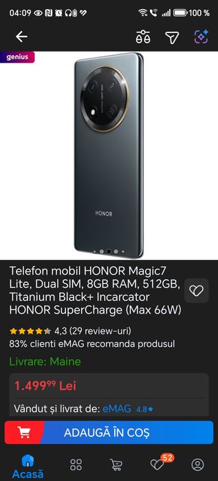 Telefon mobil HONOR Magic7 Lite, Dual SIM, 8GB RAM, 512GB, Titanium Bl