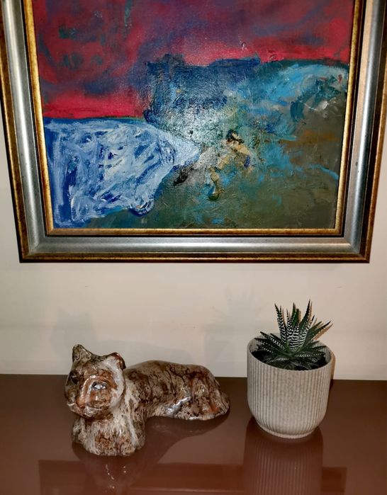 Керамична фигурa на котка тигър, ръчно изработена глазирана арт котка