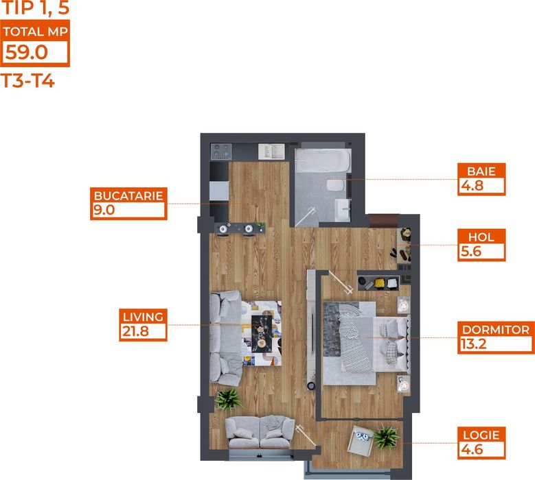 Comat Towers, Ap. 2 Camere, 59 mp, Zona Păcurari – Dacia