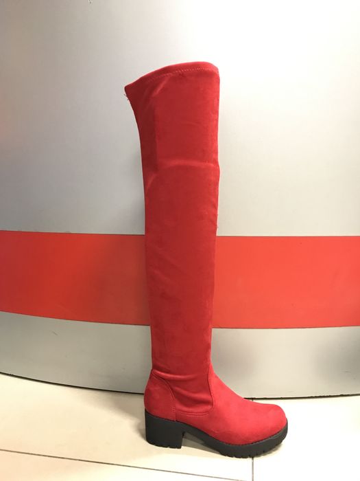 Дамски чизми велур в червено и черно/ПРОМОЦИЯ