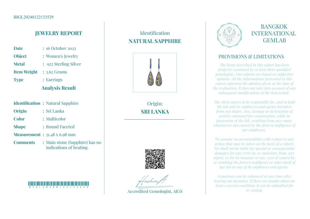 Сребърни обеци с натурални цветни не нагрявани Сапфири от Шри Ланка и сертификат