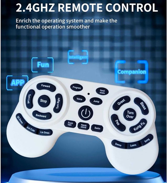 Câine Robot Inteligent cu AI, Control Vocal, Telecomandă 2.4G, Control prin Aplicație