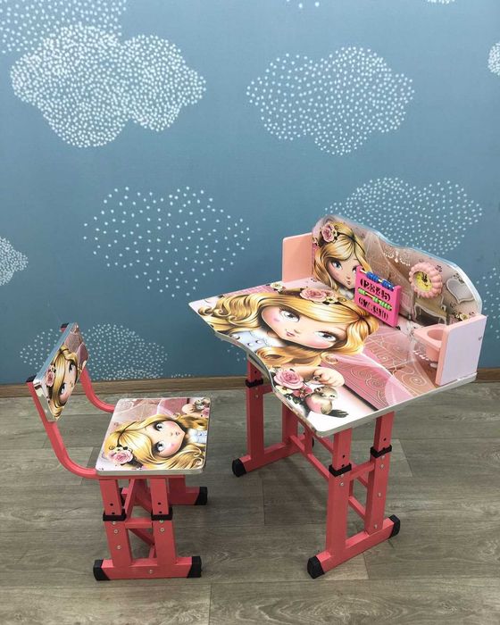 Детско бюро със стол регулируемо, метална конструкция и MDF