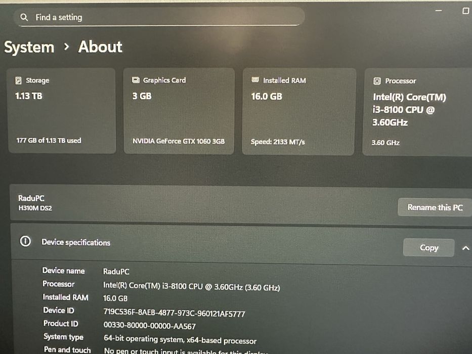 PC Gaming – GTX 1060 3GB, Intel i3 Gen 8, 16GB RAM, SSD + HDD