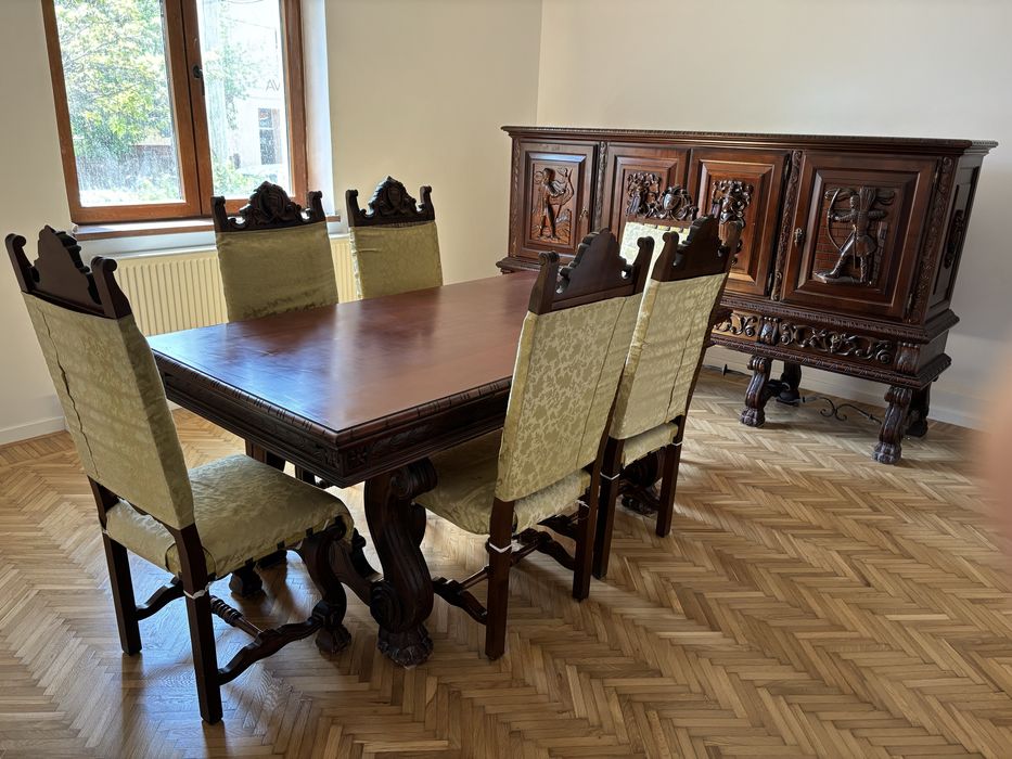 Set Sufragerie Lemn Masiv Cireș Renașterea Spaniolă – Stare Impecabilă (Masă Extensibilă, 6 Scaune, Servantă) + Geam Protecție