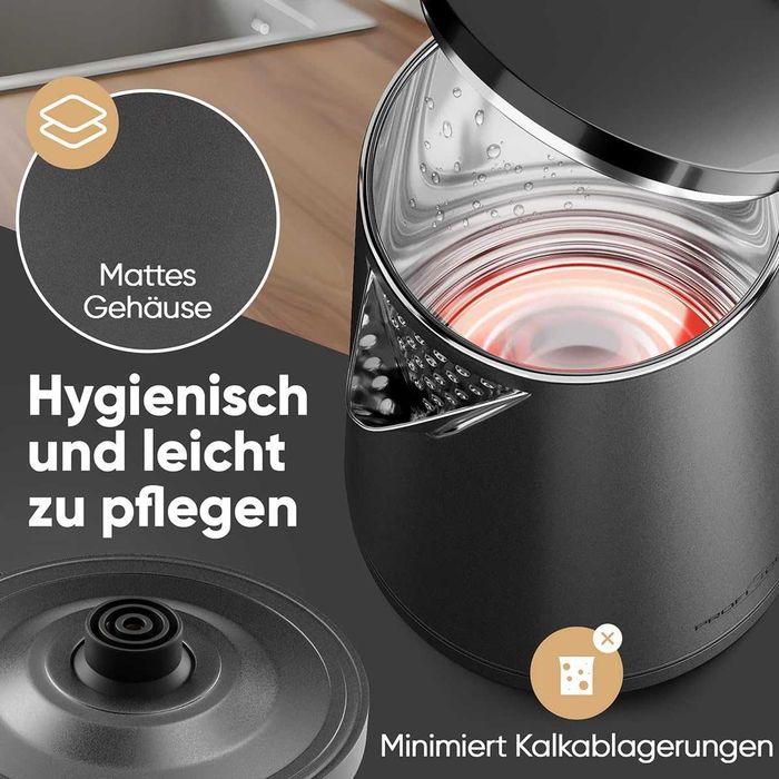 Кана ProfiCook 1,5 литра | 2200 W | Термокорпус с двойни стени | Станция с макара за кабел | Матов корпус от неръждаема стомана