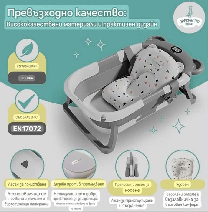 Сгъваема бебешка вана с термометър и възглавница