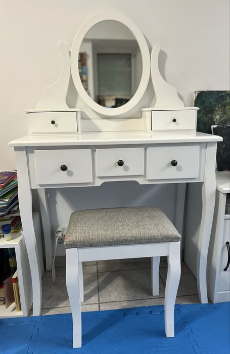 Masuta Vanity alba cu oglinda si taburet