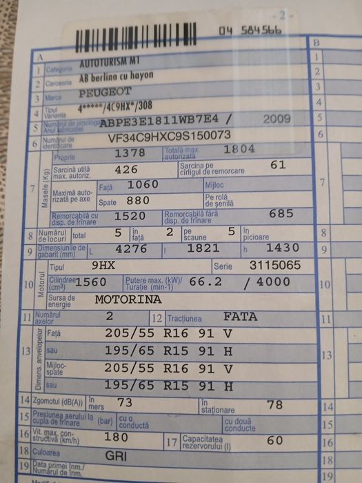 Peugeot 308 Diesel 90 CP Euro 4 .Ac Functionabil An 2009.