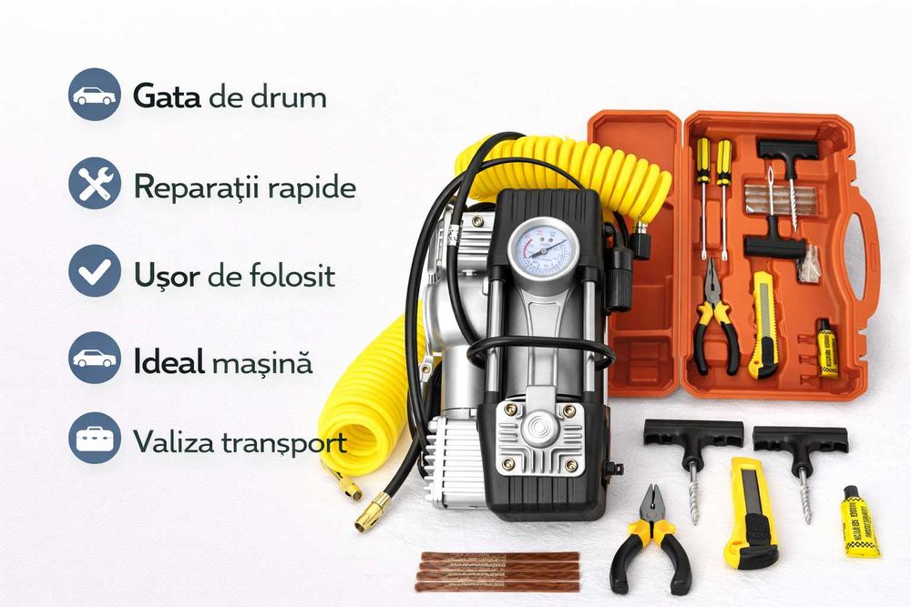 Trusa auto reparatii roti cu compresor 12V completa