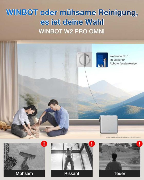 ECOVACS WINBOT W2 PRO Omni робот за почистване на прозорци с 6в1 многофункционална станция, 3-дюзи, 12-степенна защита, планиране на пътя Win-SLAM 4.0