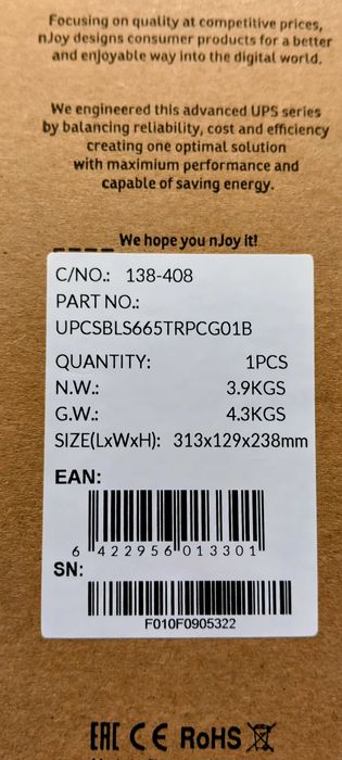 Чисто ново захранване UPS nJoy Renton 650 PLUS - SBLS665TRPCG01B - UPS 650VA/360W
