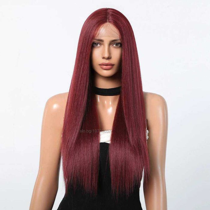 73 см Тъмно червена бургунди бордо права перука с дантела 13x4x1