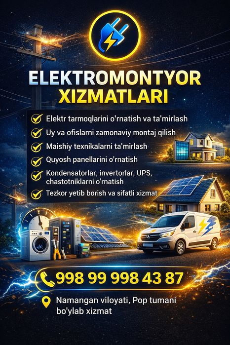 Elektr soxasi boʻyicha xizmat koʻrsatamiz.