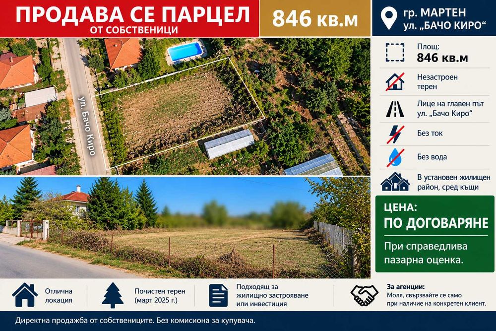 Продава се УПИ гр.Мартен ул. Бачо Киро