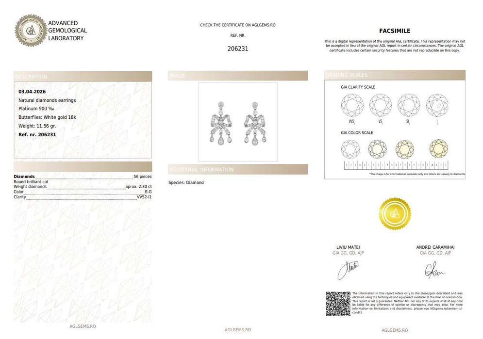 Pereche de cercei din platină, decorată cu diamante