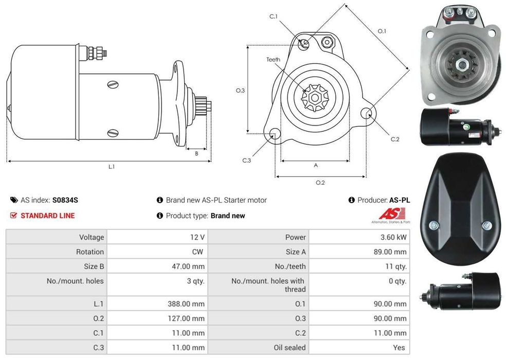 AS-PL S0834S Starter
Demaror AS-PL S0834S 12V, 3,6kW, dinti: 11