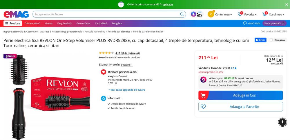 Perie electrica fixa REVLON One-Step Volumiser PLUS RVDR5298E, cu cap detasabil, 4 trepte temperatura, tehnologie ioni Tourmaline, ceramica si titan
