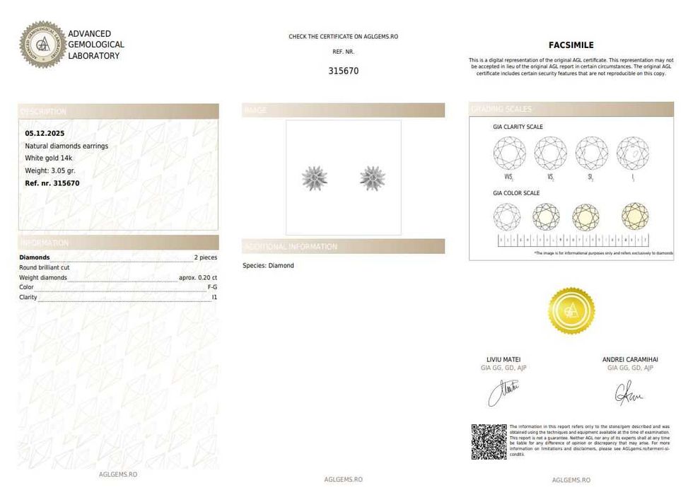 Pereche de cercei din aur alb, decorată cu diamante solitaire