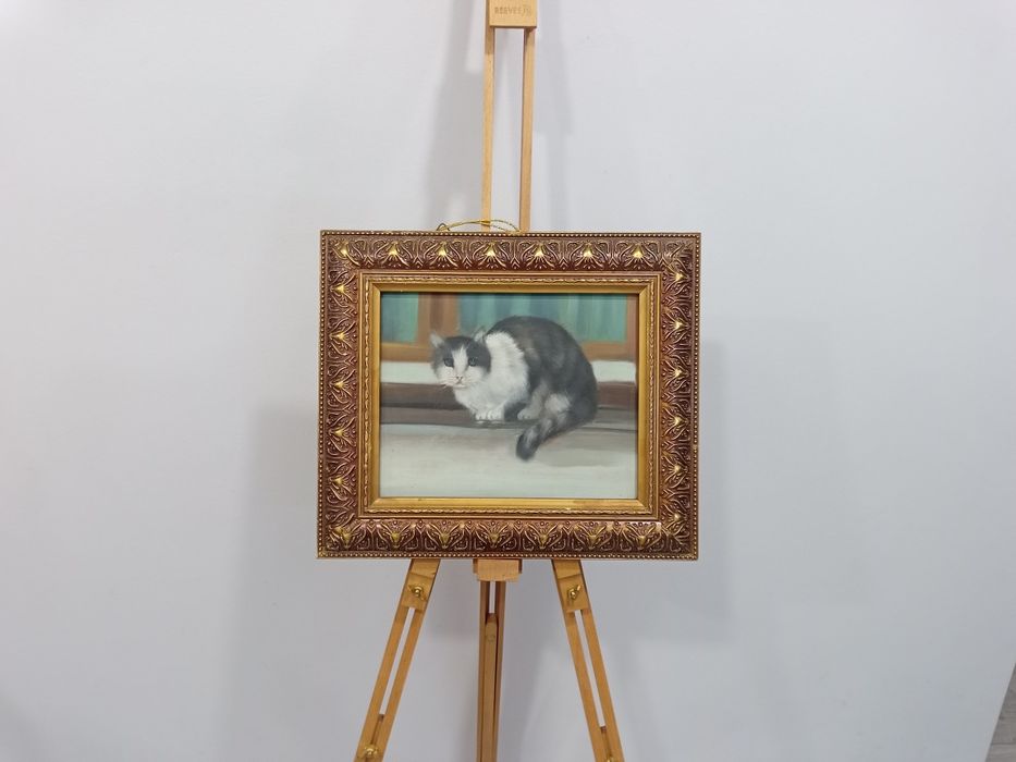 автентична западноевропейска картина с котка 37х32 см